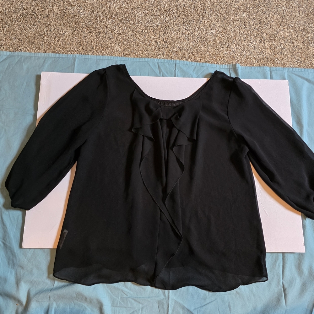 BCX Black Sheer Scoop Neck Blouse with Bow on back, Size XL